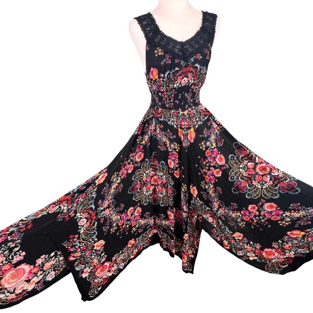 Dark Floral Boho Maxi Dress Asymmetric Hem Crochet Detail Size S